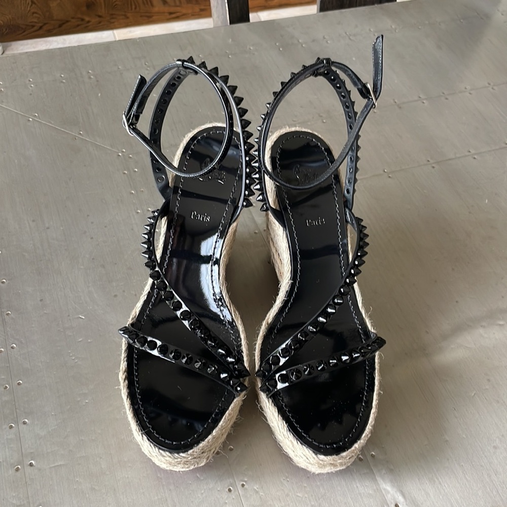 Christian Louboutin mafaldina zeppa black 120mm wedge espadrille sandal sz 39 - Picture 4 of 14
